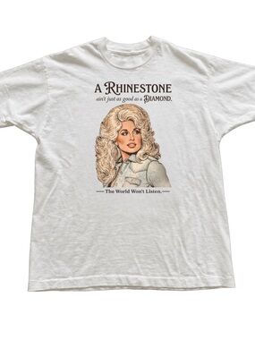 White Women's Graphic Tee with Vintage Dolly Parton Illustration